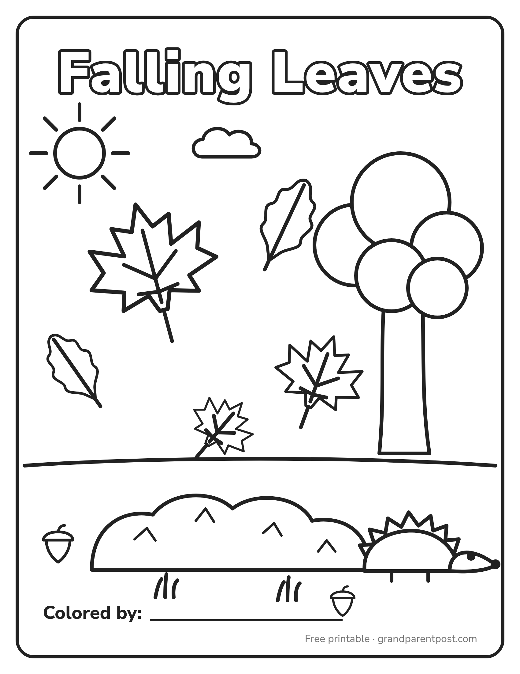 Printable fall coloring page: big maple and oak leaves falling from a tree, a leaf pile, a little hedgehog and acorns